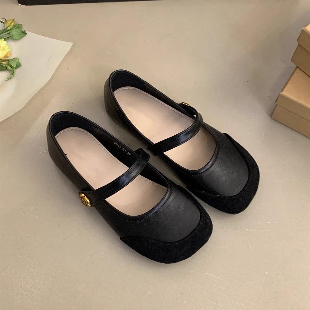 French shallow mouth single shoes flat bottom 2025 summer new evening breeze with skirt square head Mary Jane shoes