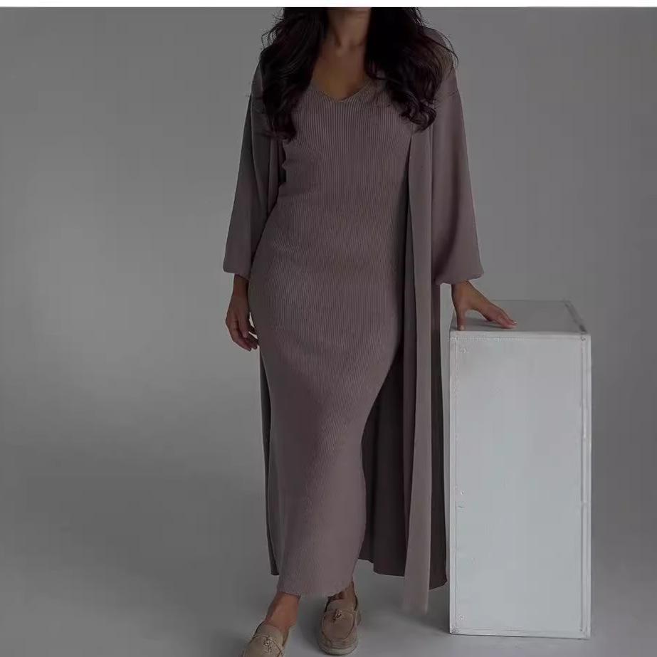 2023 Herbst Europäischer & Amerikanischer Einfarbiger Slim Strickpullover Überknie Langes Kleid Set für Damen