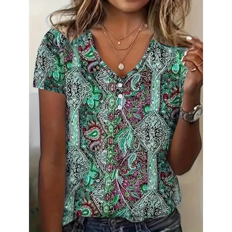 

Модные женские футболки с коротким рукавом и V-образным вырезом в этническом стиле 5XL