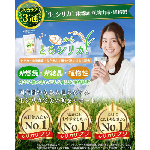 Japanese-Made Rice Silica Plant-Based Silica (Silicon) Supplement, Pesticide-Free, High Concentration 102,000 ppm, Contains Raw Silica, 6900mg Dietary