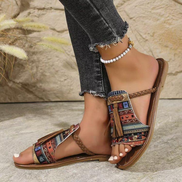 Fashion Low Beach Shoes Woman's Slippers Fringe Big Size Slides Sabot 2025 Flat Summer Fabric Rubber Hoof Heels PU Shoes Big Size Low Fr