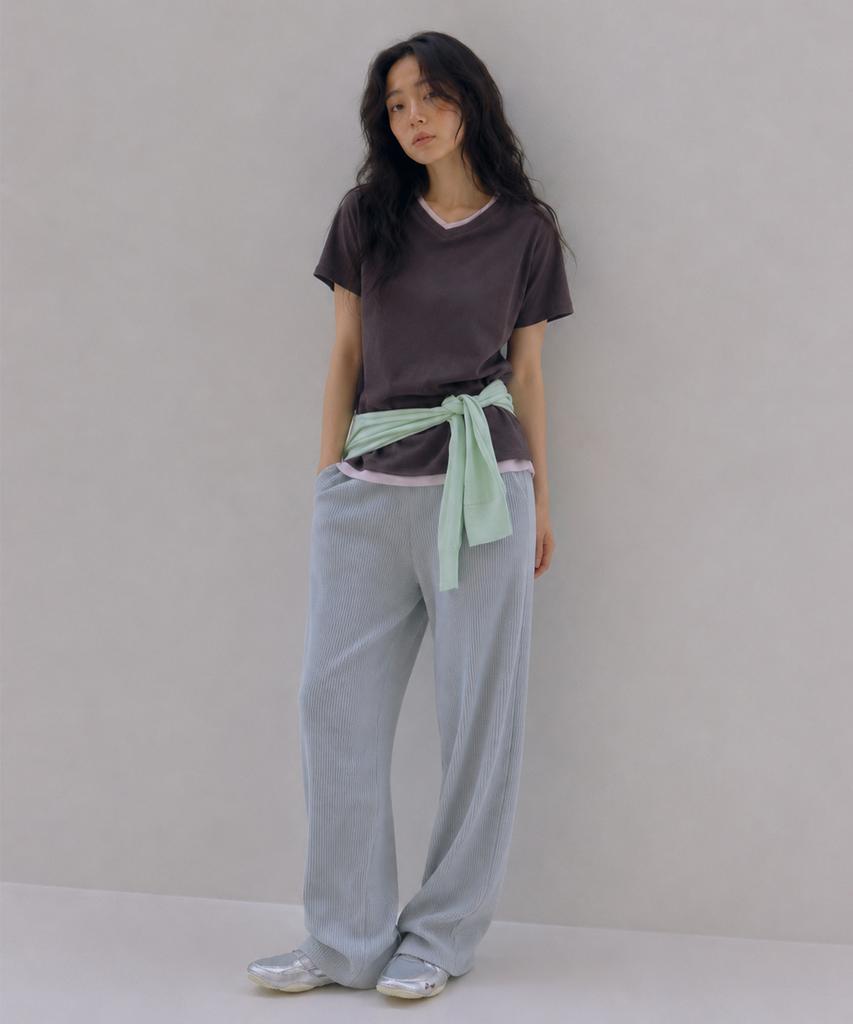 Sayu Soft Waffle Curved Elastic Waist Pants Light Blue