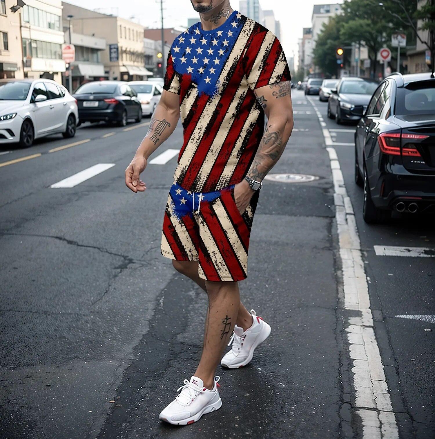 

Лето для отдыха3D с принтом национального флага, новая ретро-креативная спортивная одежда из полиэстера, футболка с короткими рукавами + шорты, мужской спортивный комплект из двух предметов 6XL