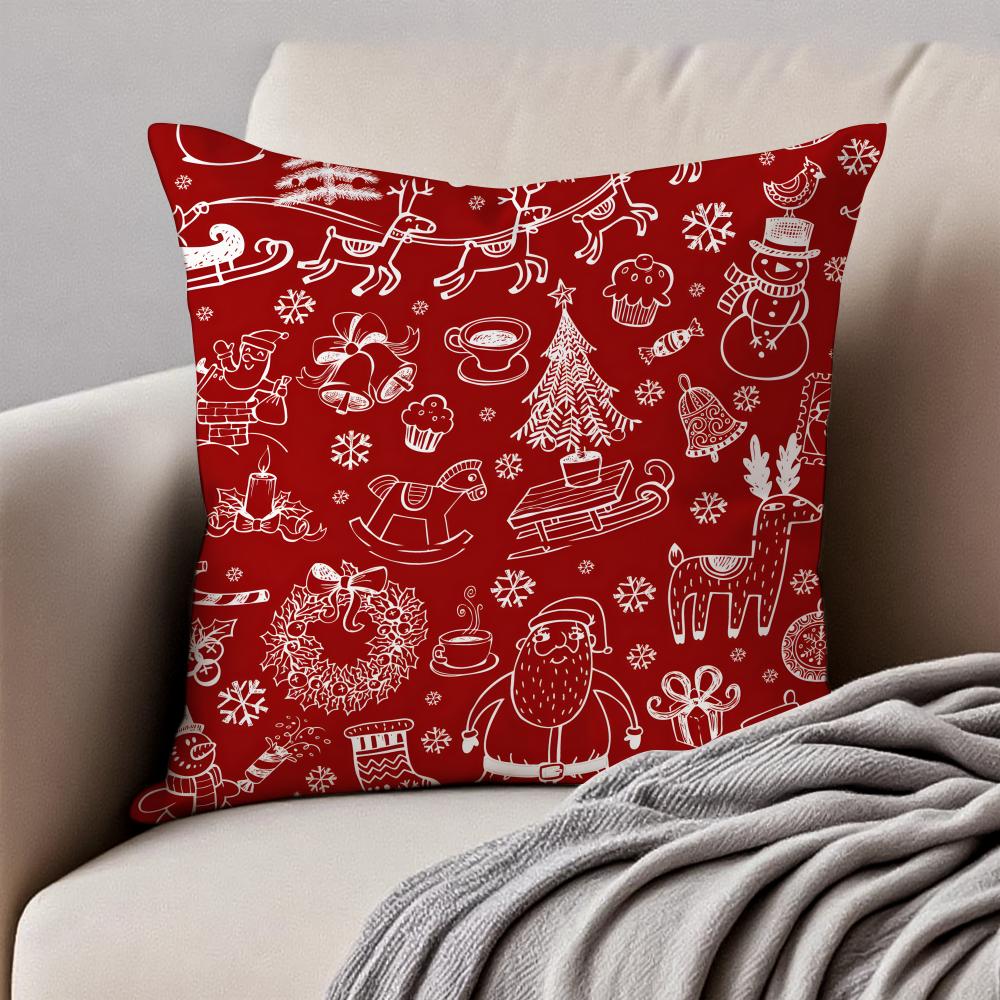 Christmas Illustration Festive Cushion Cover Pillowcase Antidustmite Invisible Zipper Short Plush Sofa Cushion