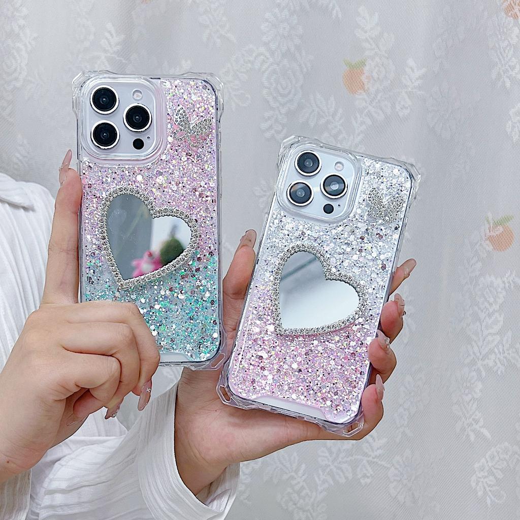 For iPhone 16 Pro Case with Heart Mirror Epoxy Glitter TPU+Acrylic Phone Back Cover