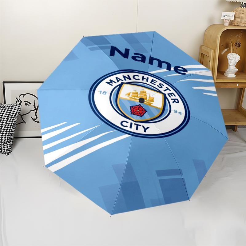 Automatisk Paraply med Personligt Navn og Manchester City Tema, Let & Bærbar, 8 Ribber, Perfekt til Udendørs Rejser, Fødselsdage, Jul, Gaver.