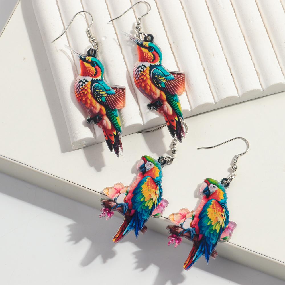 Creative Cute Flowers Parrot Birds Acrylic Drop Earrings Personality Colorful Painted Animals Danle Earrings for Women Jewelry