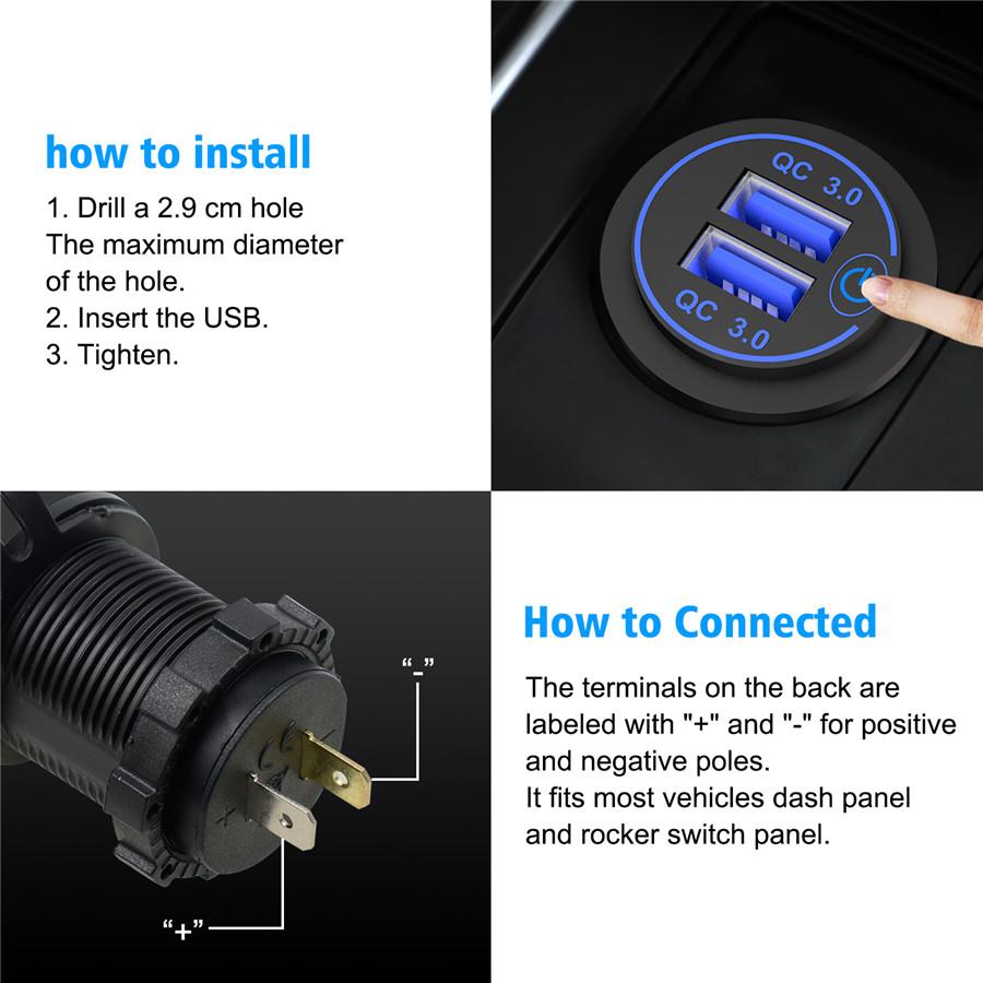 12V-24V Car Cigarette Lighter Socket Dual QC3.0 Charge USB Car Charger with Wire and Terminal for Car Motorcycle Boat Modified