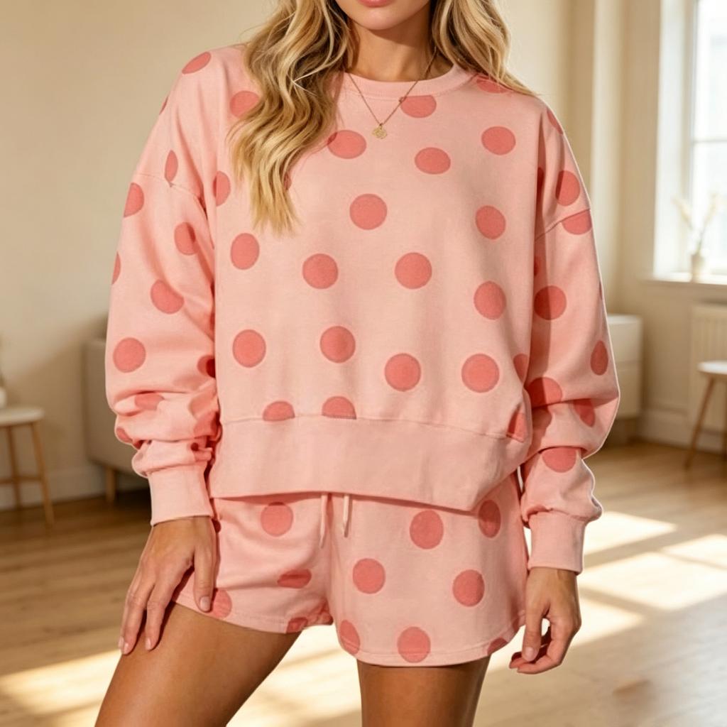 Women's Polka Dot Ribbed Long Sleeve Neck Comfortable Casual Set for Everyday Wear