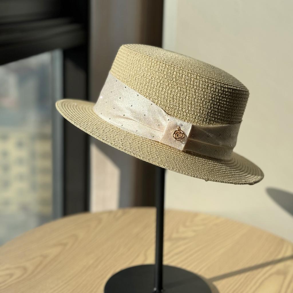 French Flat Straw Hat Woman Summer Beach Photo Vacation Sunshade Sunscreen Top Hat