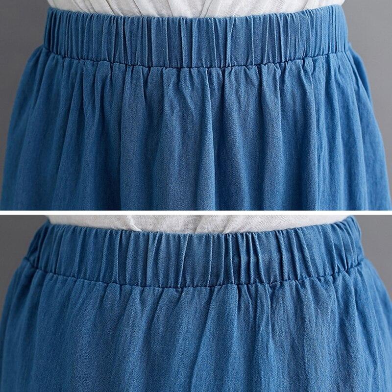 Qooth Fustă Denim Elegantă Casual cu Volane, Lungime Glezne, cu Talie Elastică pentru Primăvară Vară QT2211