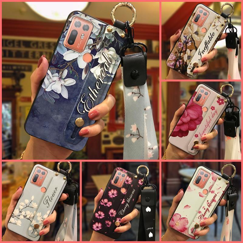 Durable Wristband Phone Case For HTC Desire 20 Plus/D20+ Lanyard Back Cover Shockproof Flower Soft case Fashion Design
