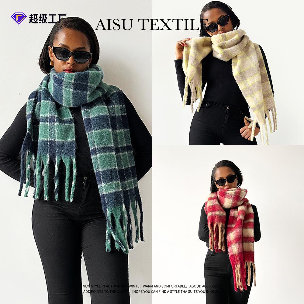 Mohair Scarf Girls Thickened Warm Scarf Fringed Winter Wool Shawl New Plaid