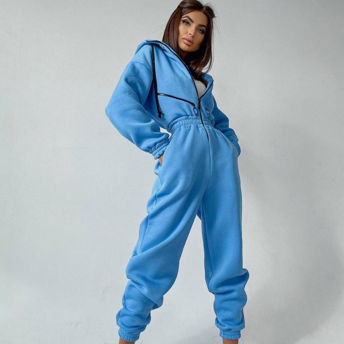 

Autumn Women s Monochrome Long-Sleeved Jumpsuit Solid Color Zip-up Sportswear Female Winter Casual Tracksuit Fashionable Hoodies XL синій