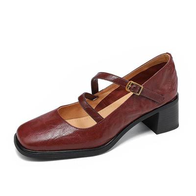 Krazing Pot Sheepskin Round Toe Size 40 Chunky Med Heels Buckle Straps Casual Autumn Pumps