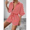 Summer Women's New Striped Lapel Button-up 1/2 Sleeves Jumpsuit Shorts, European American Style Casual Outfit for Crossborder
