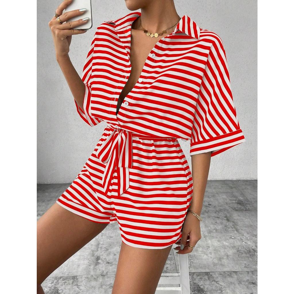 Summer Women's New Striped Lapel Button-up 1/2 Sleeves Jumpsuit Shorts, European American Style Casual Outfit for Crossborder