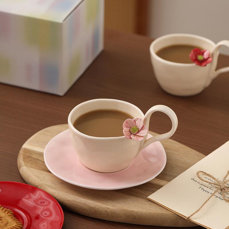 Handmade Pinched Flower Ceramic Teacup Women'S Home Office Coffee Cup Simple Milk Cup With Saucer And Spoon