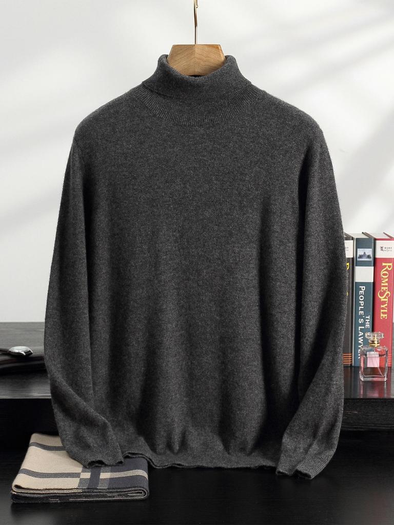 Men's High Neck Cashmere Sweater - Solid Color, Long Sleeve Knitwear for Casual and Business Wear