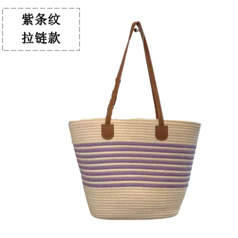 Versatile High-end Straw Bag, Seaside Vacation Striped Woven Bag, Women's Large-capacity Shoulder Beach Tote Bag
