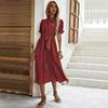 Women's Casual Crew Neck Polka Dot Printed Pleated Dress Short Long Sleeve Tie Spring Summer Mediumn