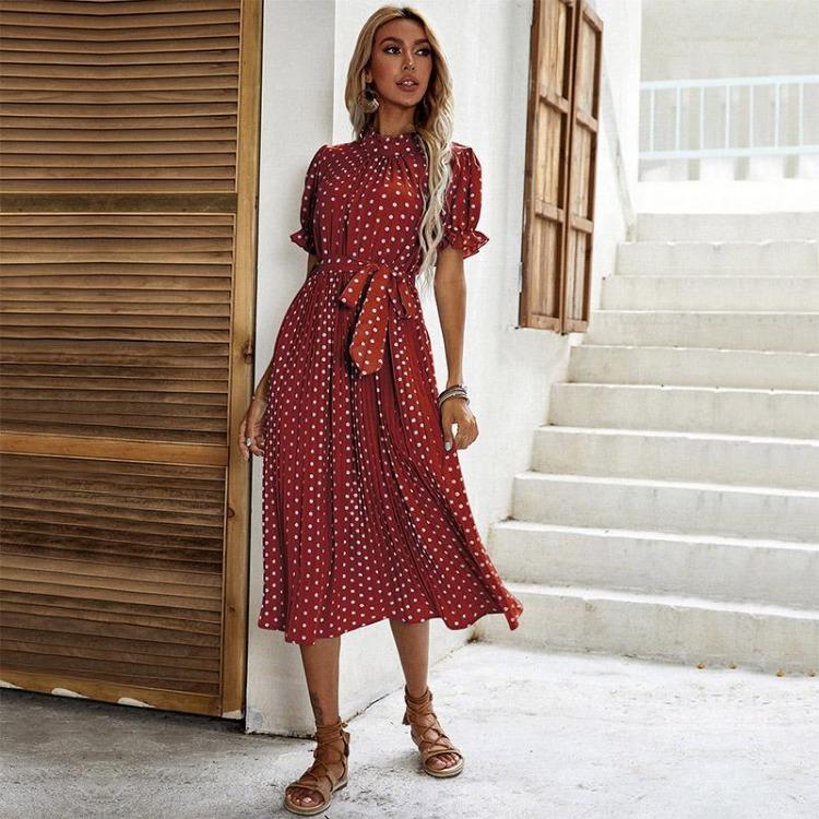 Women's Casual Crew Neck Polka Dot Printed Pleated Dress Short Long Sleeve Tie Spring Summer Mediumn