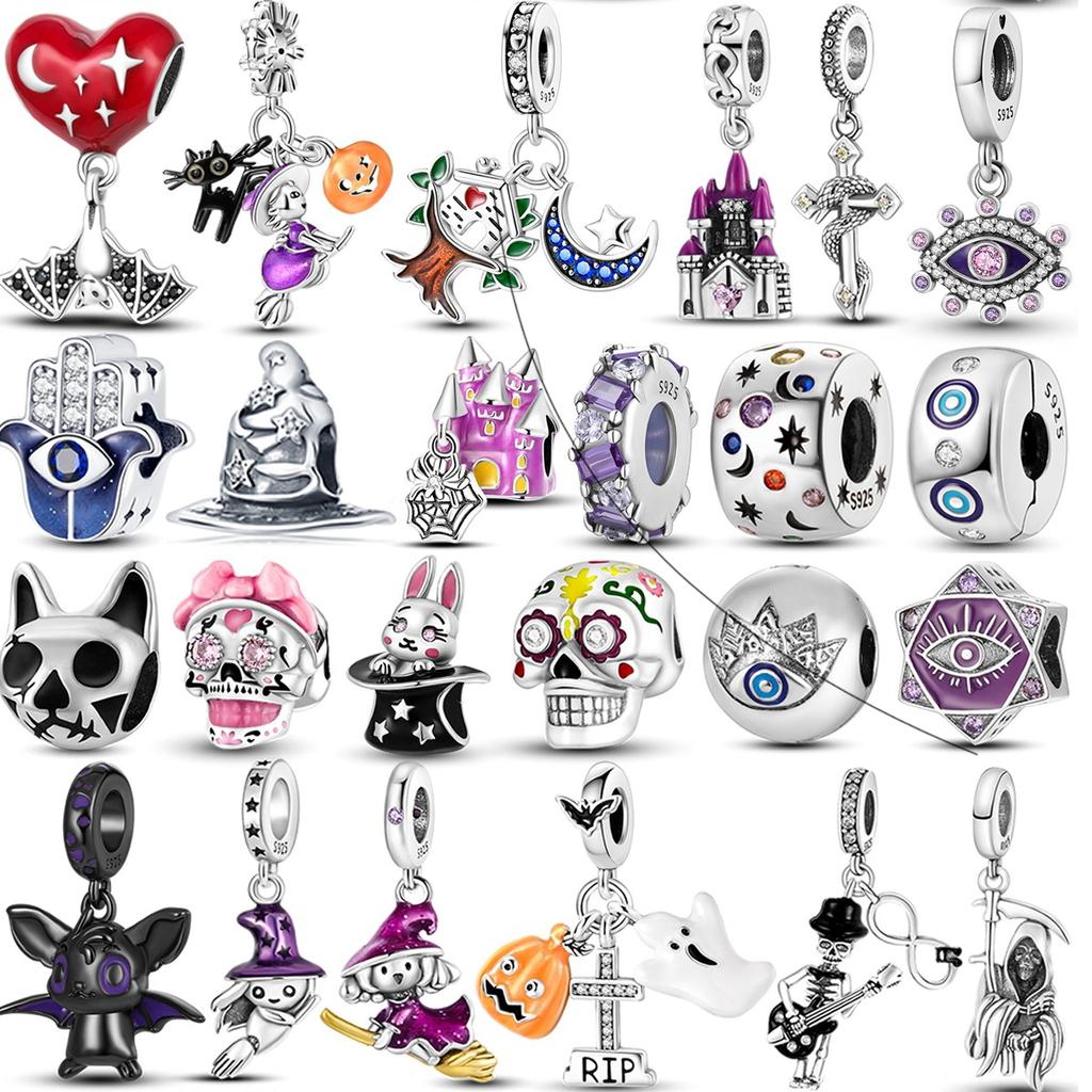 Copper Halloween Dangle Skeleton Witch Devil'S Eye Skull Charms Bead Fit Original Pandora Bracelet Necklace Jewelry