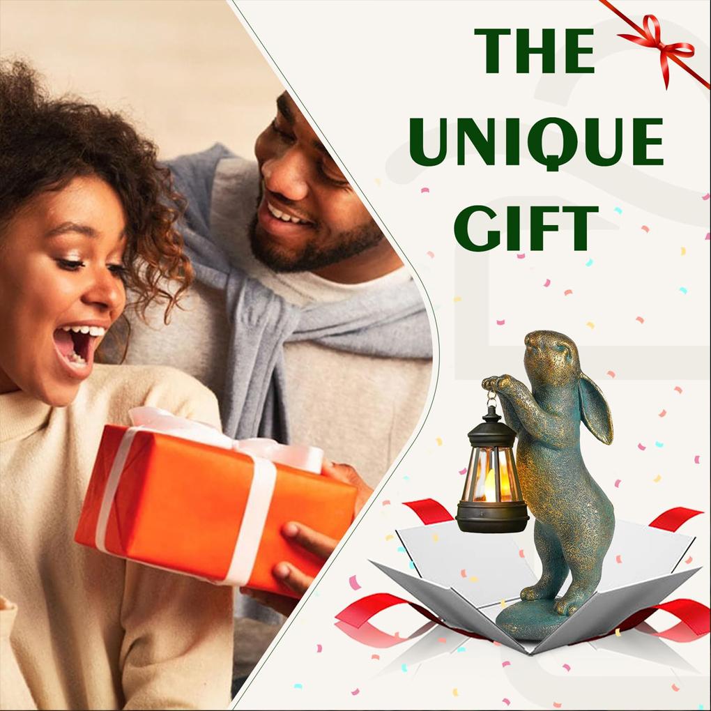 Solar Bunny Statue Garden Decor with LED Solar Lantern Resin Animal Sculpture Figurine Outdoor Decoration for Garden Courtyard