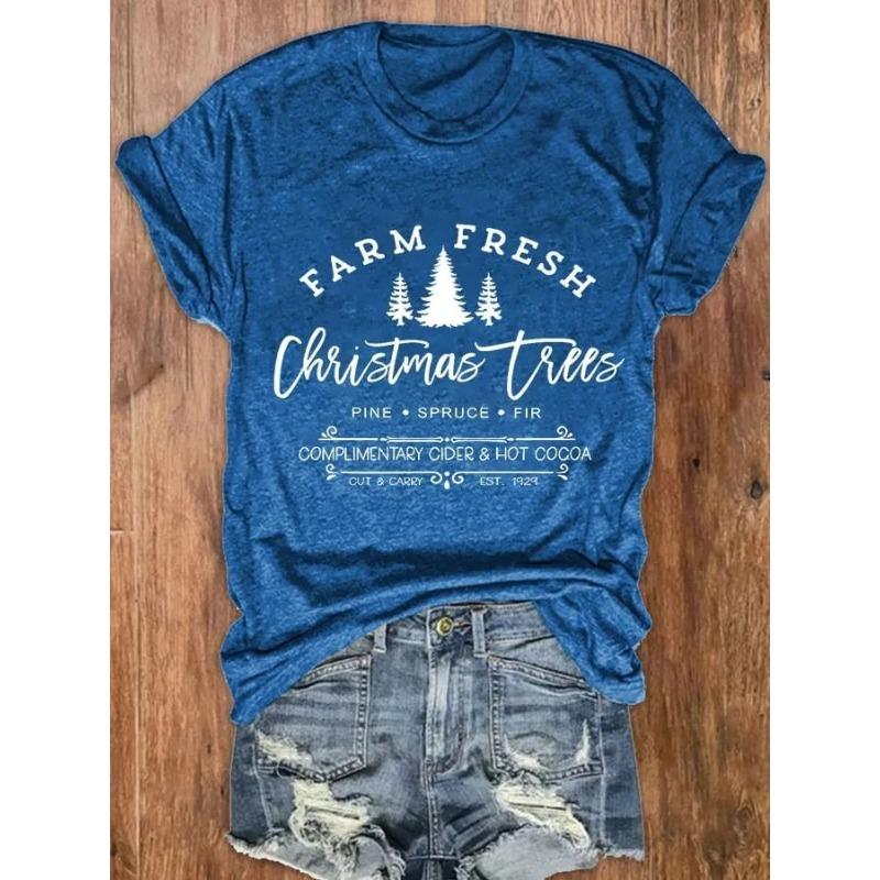 Letní dámská trička s krátkým rukávem, módní, ležérní, s 3D potiskem vánočního stromku a kulatým výstřihem