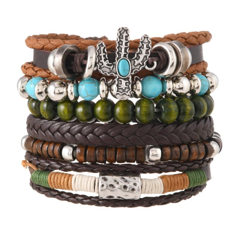 Boho Bracelet Set for Men Leather Braided Wrap Bracelet with Wood Beads Bull Skull & Evil Eye Charm Ethnic Viking Style Jewelry