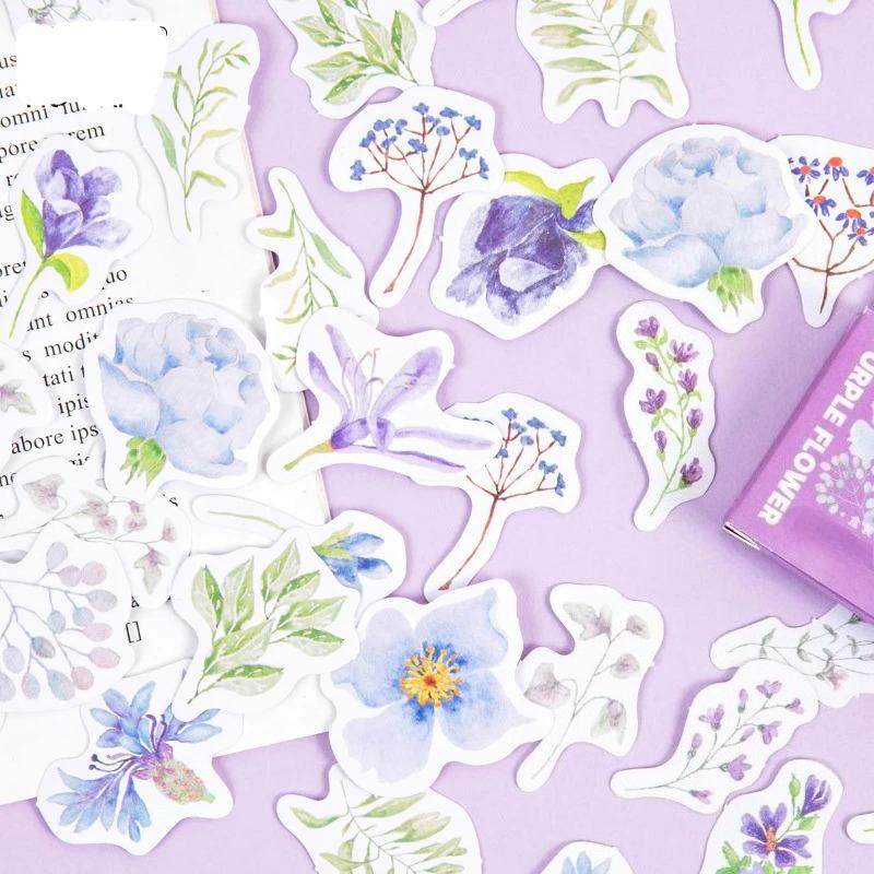 46 Pieces/box of Purple Flower Box Stickers Handmade DIY Decorative Collage Sealing Stickers Student Supplies Sealing Sticker