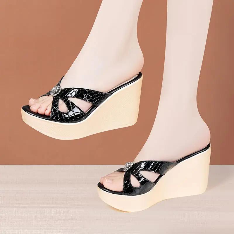 8cm 11cm Small Size 33-43 Elegant Bright Leather Shoes Platform Wedges Slides 2025 Summer High Heels Slippers for Office Model