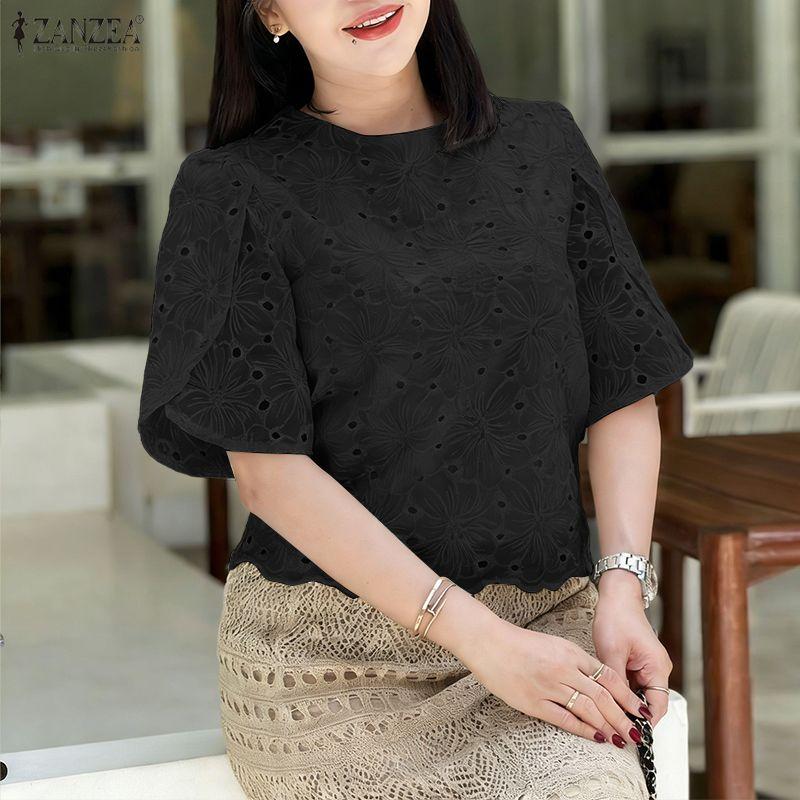 ZANZEA Women Casual Round Neck Short Sleeve Hollow Crochet Patchwork Blouse