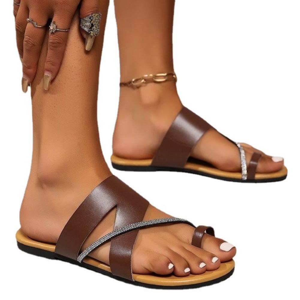 Fashion Women's Summer Fashion Clip Toe Leather Sandals Casual Lightweight Comfortable Outdoor Beach Slippers Rhinstone Strap Sandals