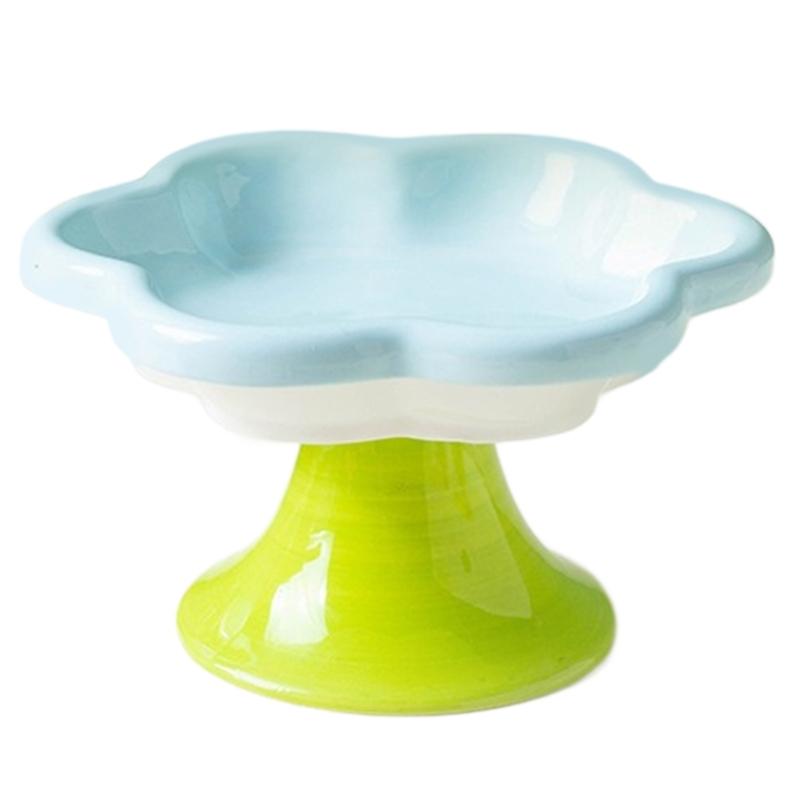 Ceramic Pet Bowl Flower Shape Cats Food Dish Nonslip Elevated Stand Feeding Plate for Neck Protections and Easy Cleaning