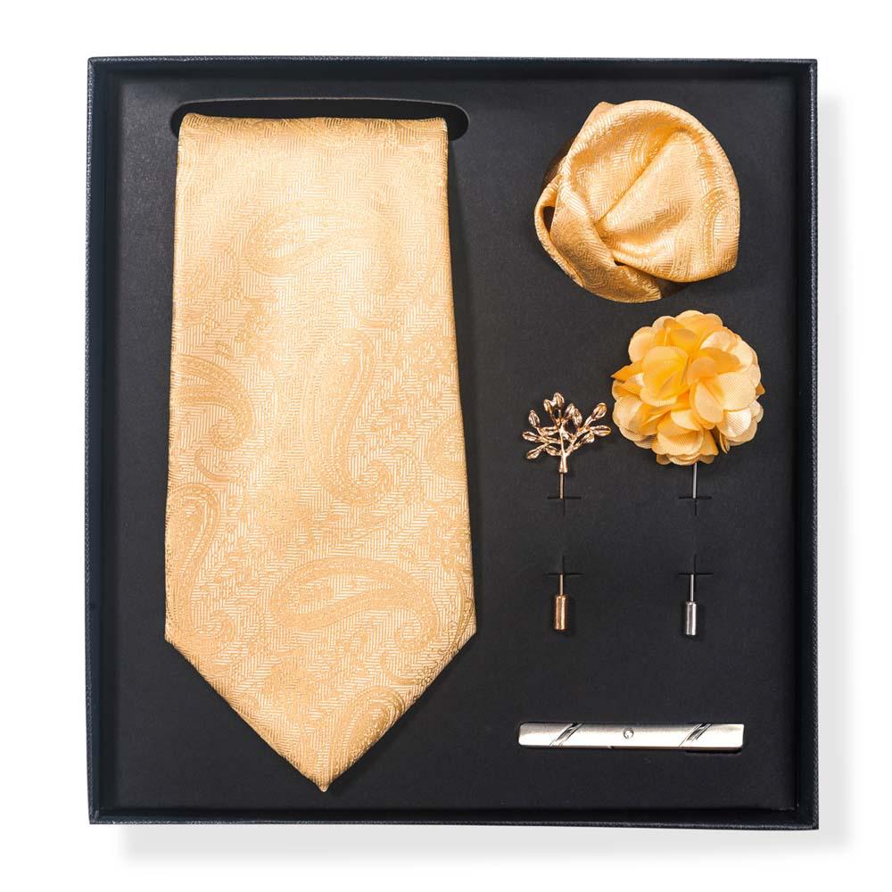 Paisley-Blumen-Krawatten-Geschenkset: Enthält Krawatte, Einstecktuch, Manschettenknöpfe, Ansteckblume und Krawattennadel in einer sechsteiligen Schachtel