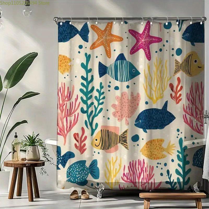 1pc Coral Fish School Shower Curtain, Ocean Theme, Summer Shower Curtain, with 12 Hooks, 180*180cm Bathroom Curtain, Home Deco