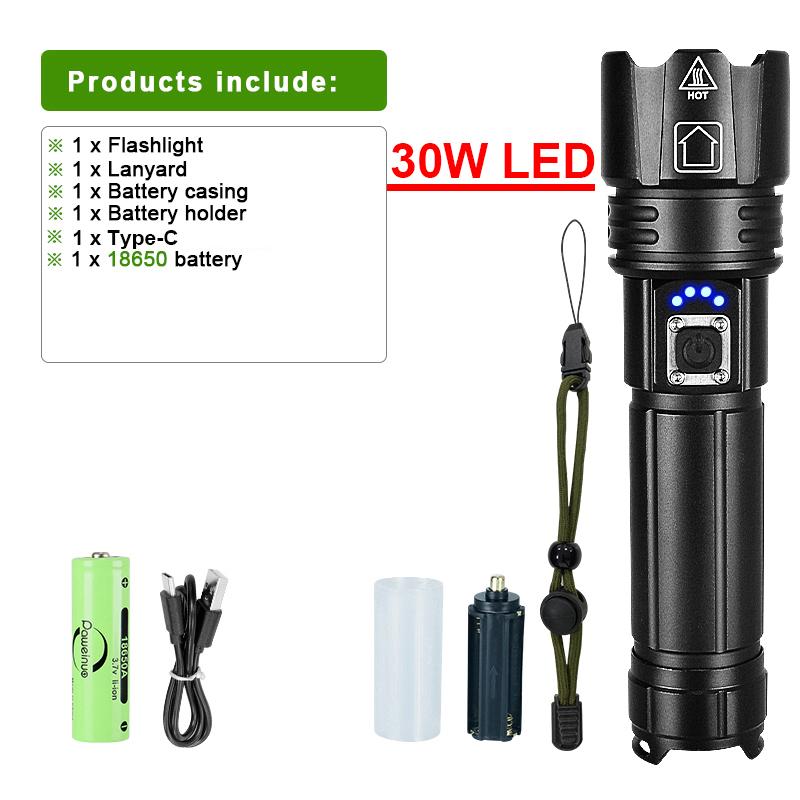 1500M Long Shot Lantern Powerful LED Flashlight USB Rechargeable 30W Torch Portable Outdoor Light Lantern