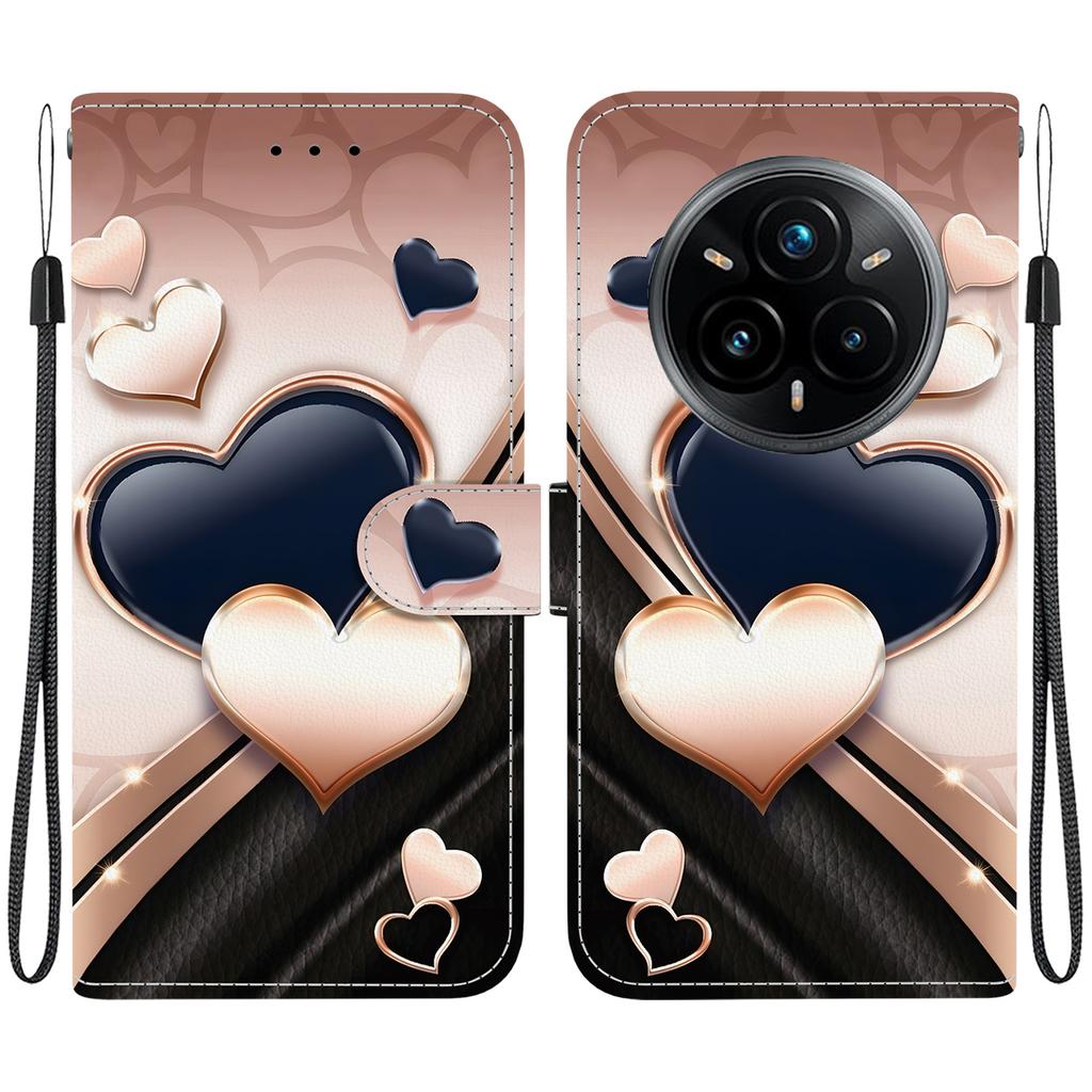 Handmade PU Leather Flip Case for Realme 14 Pro / Realme 14 Pro+ Anti-Slip Shockproof Cover with Wrist Strap & Heart/Rose Cat Designs