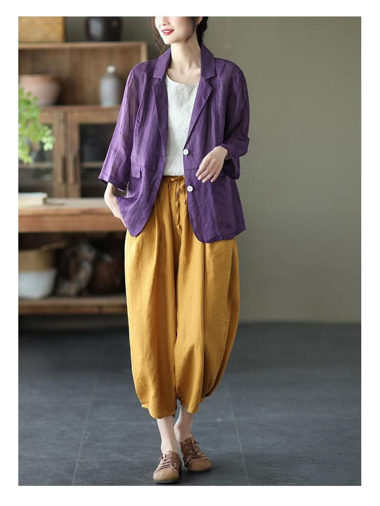 Women's Dopamine Retro Zen Style Elastic Waist Cotton Linen Cropped Harem Pants for Spring Summer