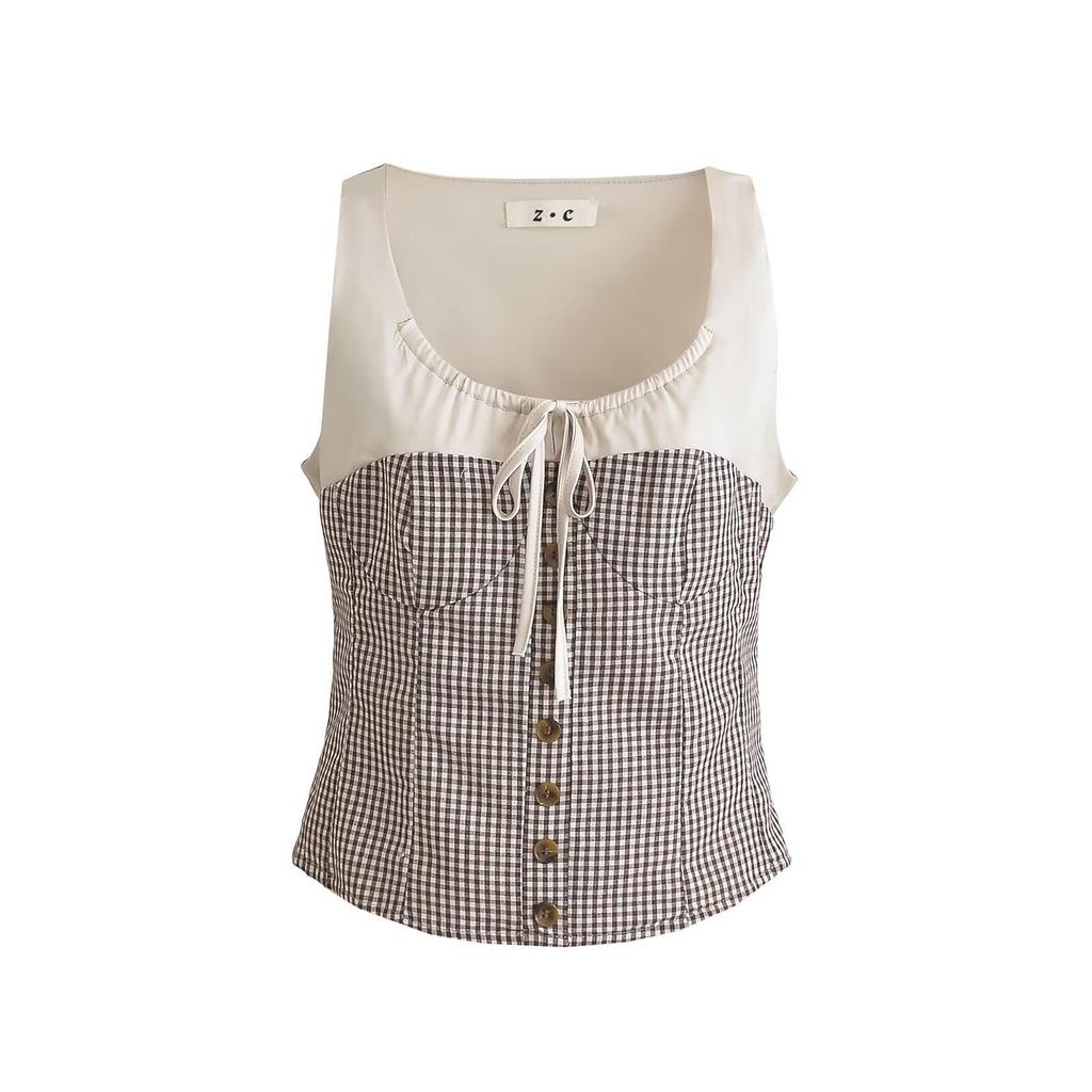 2024 Autumn Women's European & American Sleeveless Spliced Button Vest Top