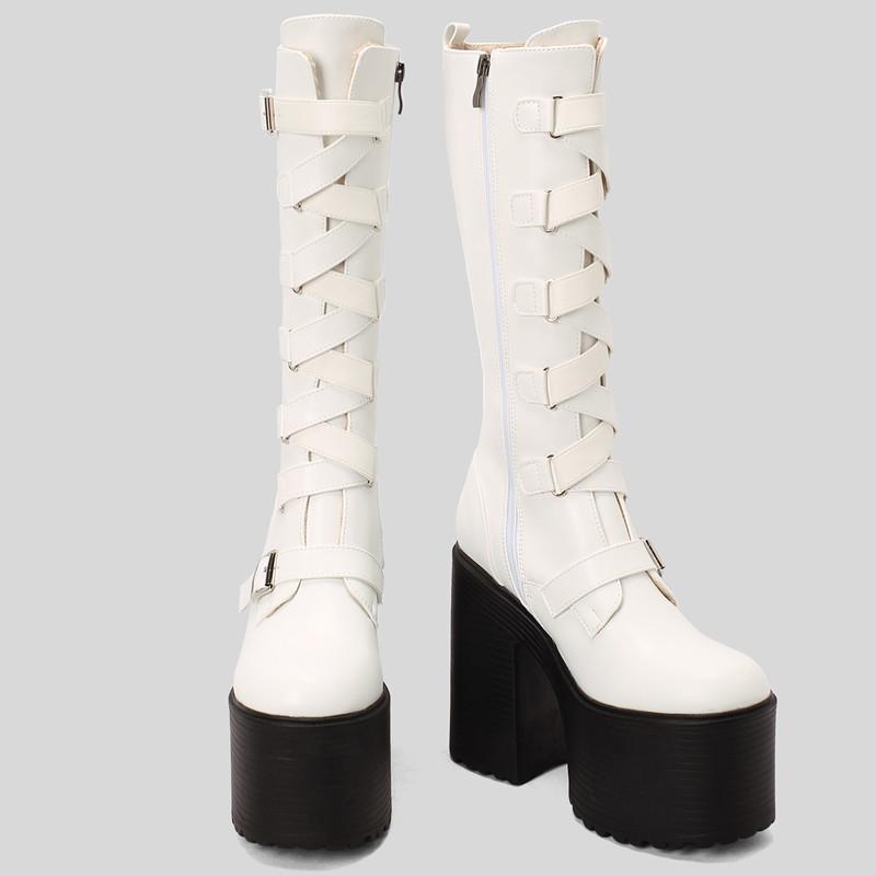 

Платформні ботфорти жіночі осінньо-зимові панк високі підбори блискавка чорні білі чоботи сексуальна пряжка для вечірки готичне взуття великий розмір 35 білий