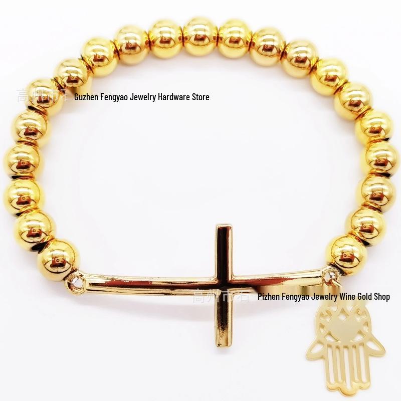 8mm Random Three-Color Bead Stainless Steel Handcrafted Cross Bracelet