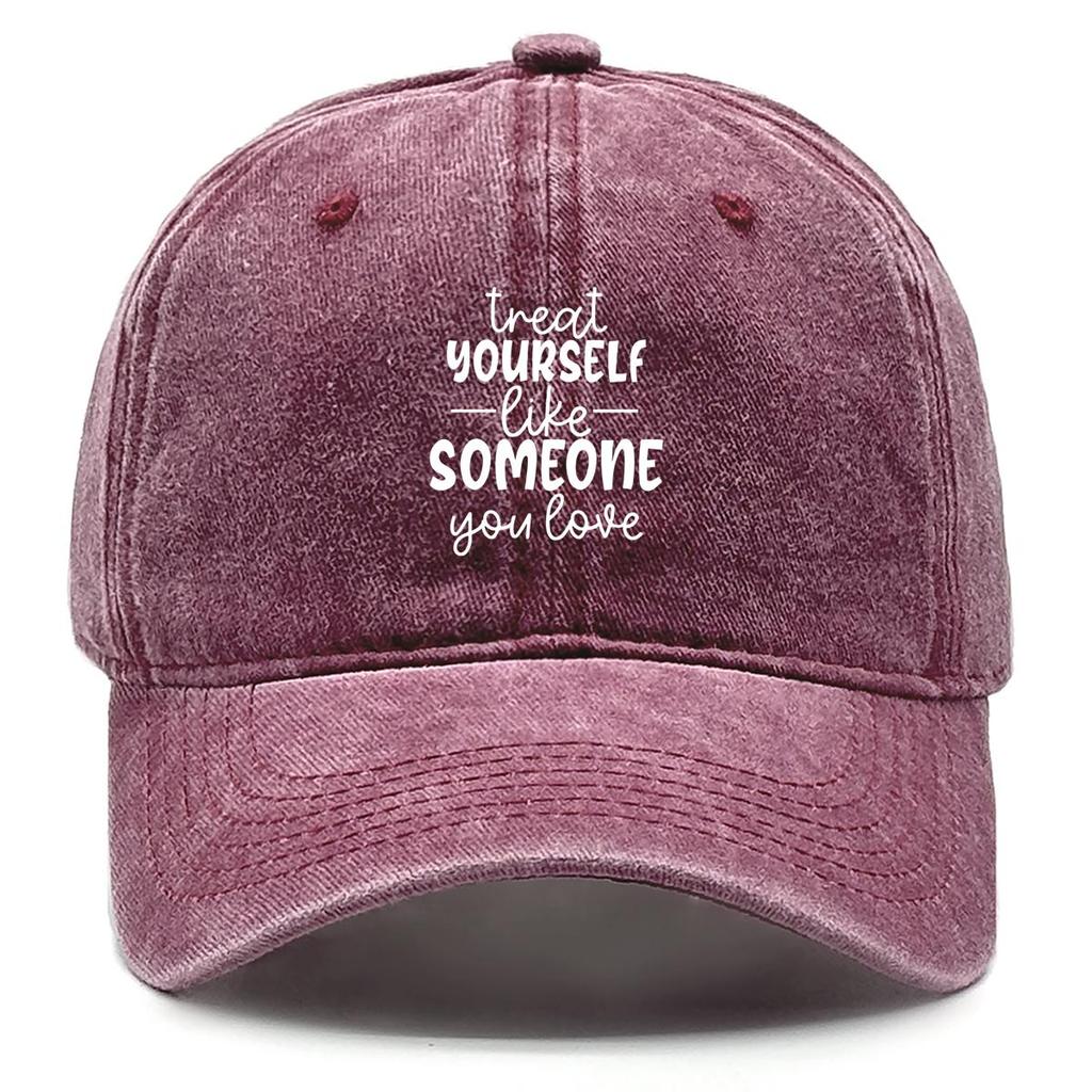 White Text Print Adjustable Baseball Hat, "treat Yourself Like Someone You Love" Trucker Hat Non-Stretch Fabric Adjustable Buckle Curved Brim Sun Hat
