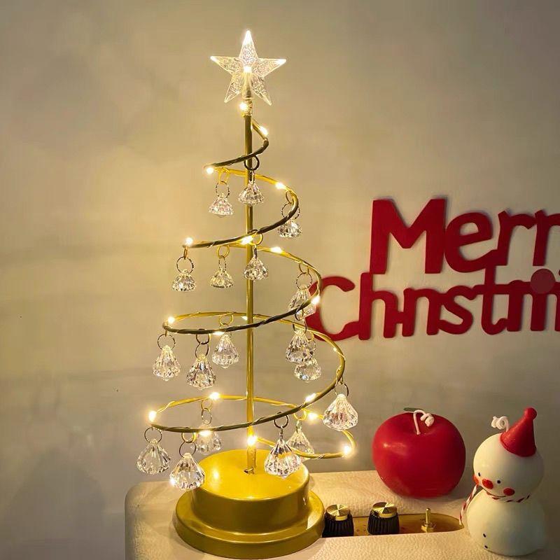 European style iron rotating luminous Christmas tree crystal night light Christmas gift girl heart candlestick bedroom decorative light