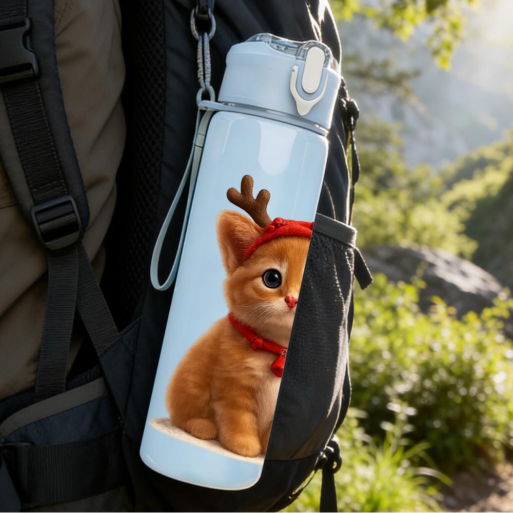 1PC Reindeer Kitten Winter Cute Print 750ml Color Plastic Sports Water Bottle Leakproof Flip Straw Lid Suitable for Sports Office Home Use
