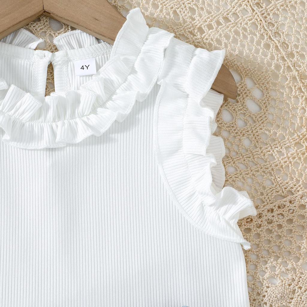 Baby Girls 2-Piece Outfit, Ribbed Ruffle Neck Top and Embellished Denim Shorts