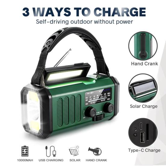 Hand Crank Emergency Radio with Flashlight SOS Alarm Compass Compact Waterproof Solar Powered Rechargeable AM/FM Radio
