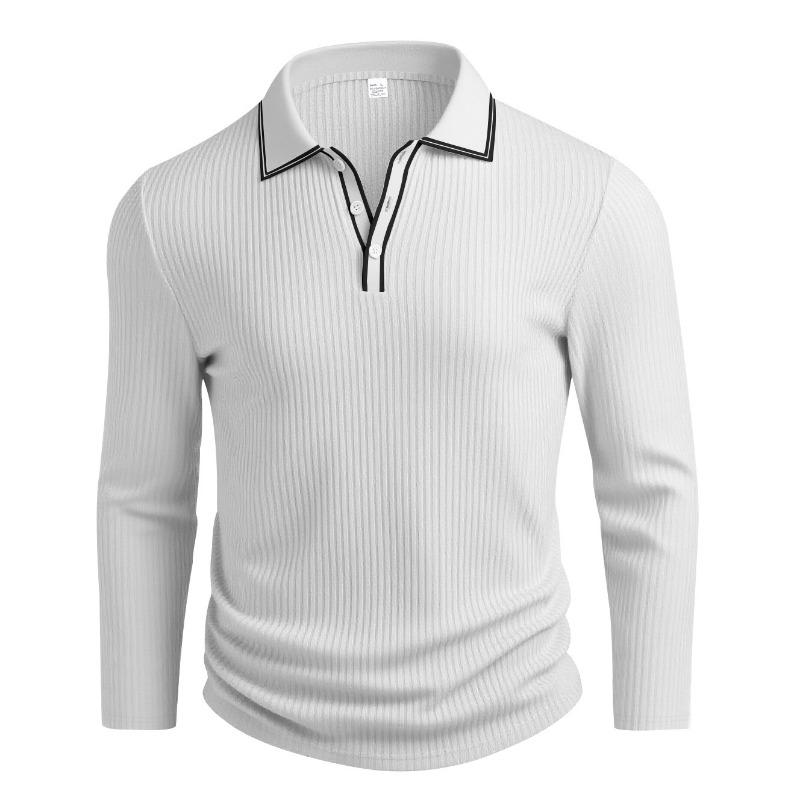 Mens Long Sleeve Striped Polo Shirt Loose Breathable Business Casual