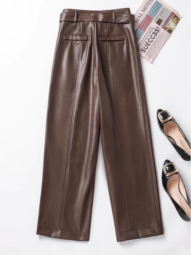 2025 Autumn Winter Women's High Waist Straight Leg Leather Pants, Wide Leg, Plus Velvet, Casual Loose Cropped Fit, Style 514.